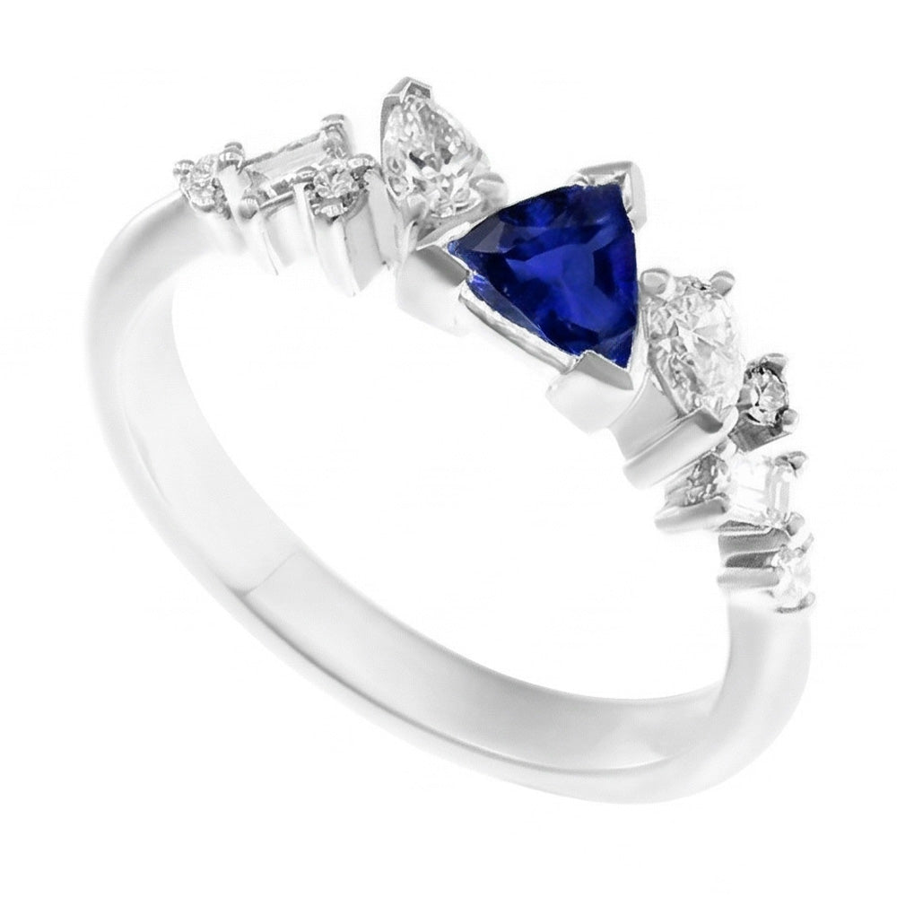 Gemstone Trillion V Prong Blue Sapphire & Natural Earth Mined Diamond Ring 1 Carat