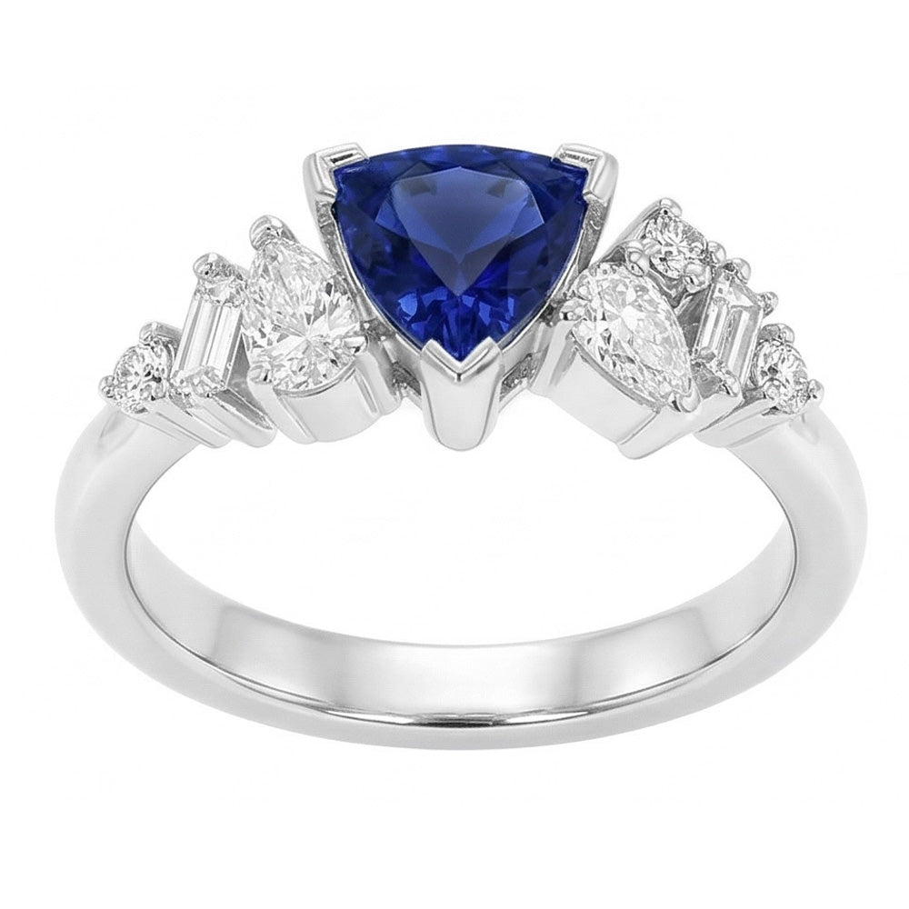 Gemstone Trillion V Prong Blue Sapphire & Natural Earth Mined Diamond Ring 1 Carat