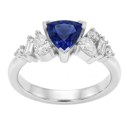 Gemstone Trillion V Prong Blue Sapphire & Natural Earth Mined Diamond Ring 1 Carat