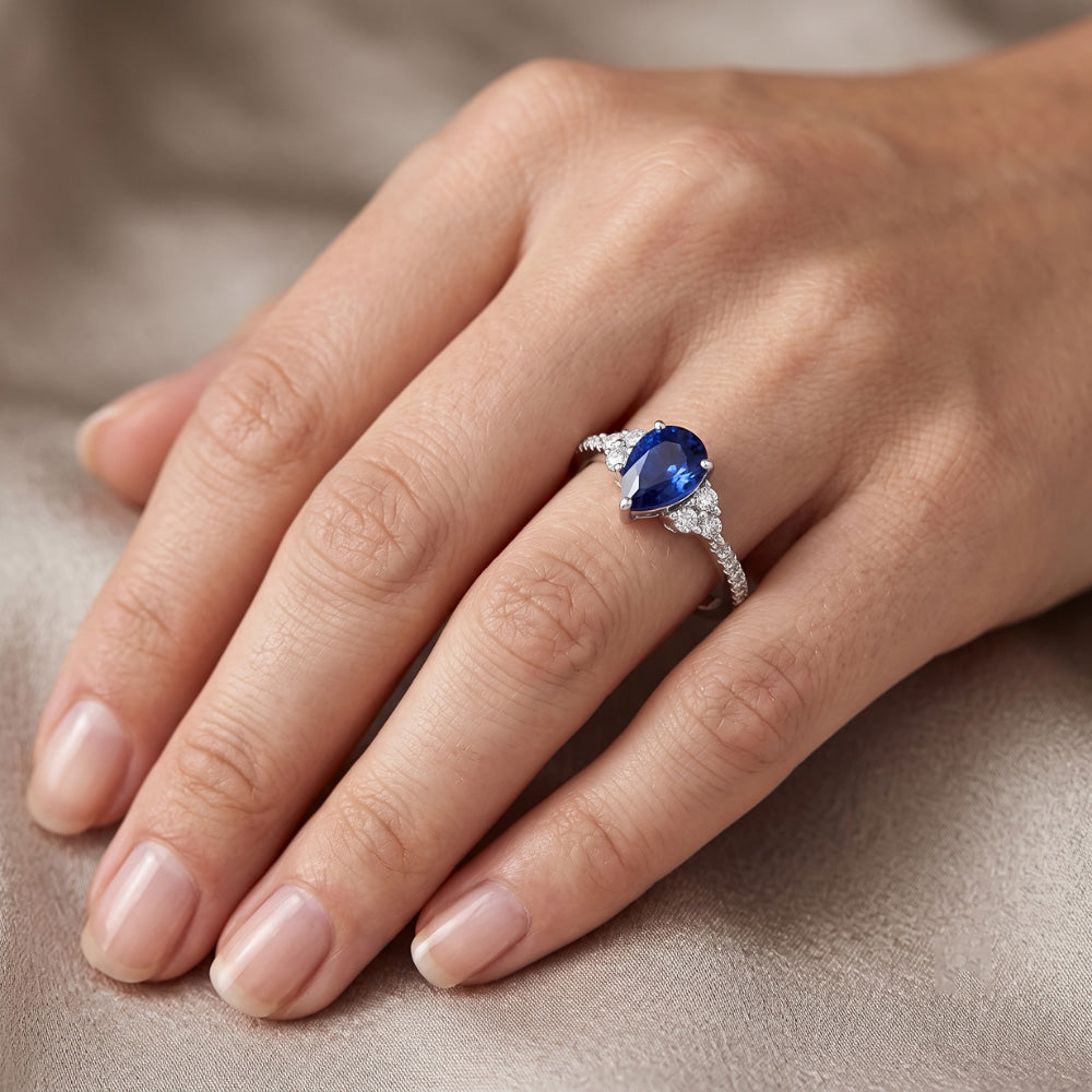 Gemstone Wedding Ring Blue Sapphire & Pave Set Natural Earth Mined Diamonds 3 Carats