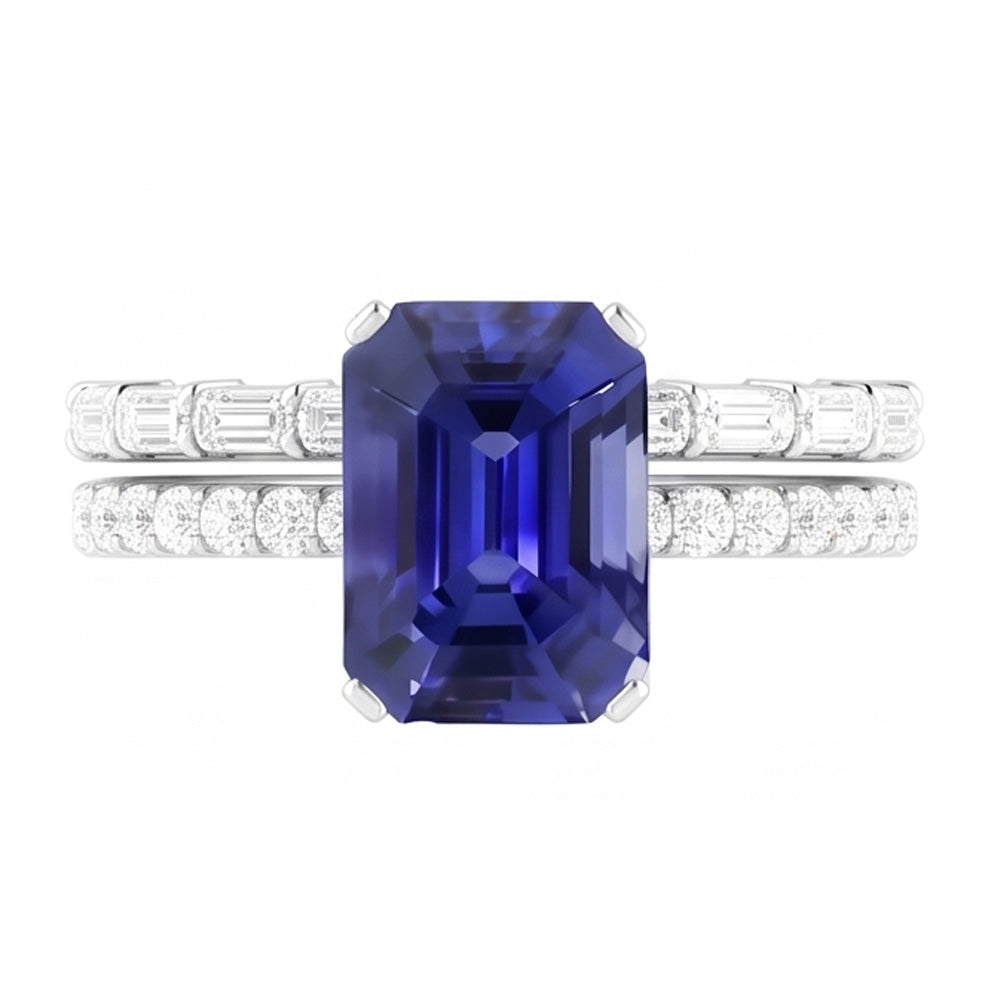 Gemstone Wedding Ring Set Blue Sapphire Baguette Natural Earth Mined Diamond 3.50 Carats