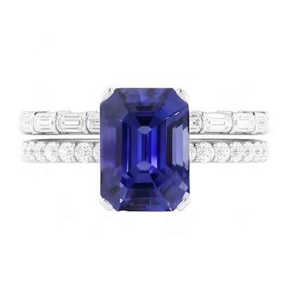 Gemstone Wedding Ring Set Blue Sapphire Baguette Natural Earth Mined Diamond 3.50 Carats