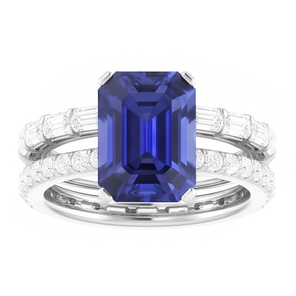 Gemstone Wedding Ring Set Blue Sapphire Baguette Natural Earth Mined Diamond 3.50 Carats