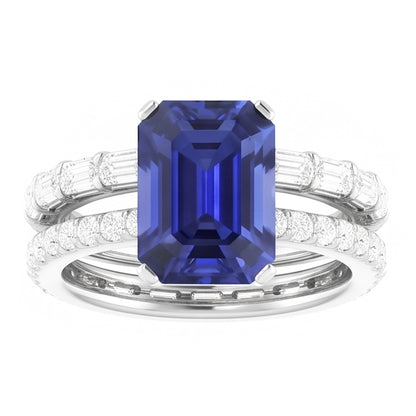 Gemstone Wedding Ring Set Blue Sapphire Baguette Natural Earth Mined Diamond 3.50 Carats