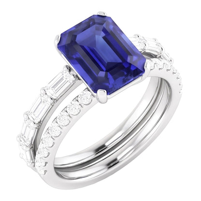 Gemstone Wedding Ring Set Blue Sapphire Baguette Natural Earth Mined Diamond 3.50 Carats