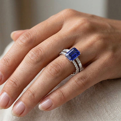 Gemstone Wedding Ring Set Blue Sapphire Baguette Natural Earth Mined Diamond 3.50 Carats