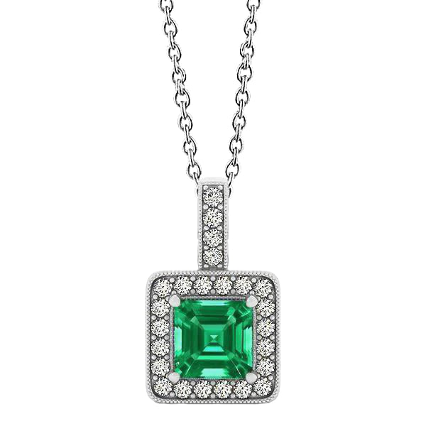 Gemstone Pendant Necklace 4 Ct Asscher Cut Green Emerald And Round Diamonds