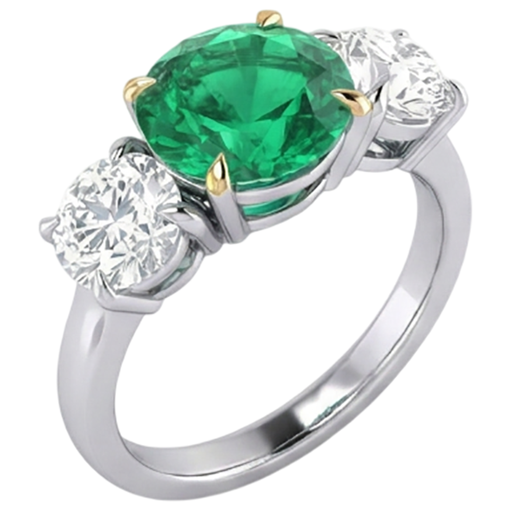 Natural Real ( Not Lab Grown ) Genuine Green Emerald GIA And Diamond Ring 3 Stone Anniversary Jewelry