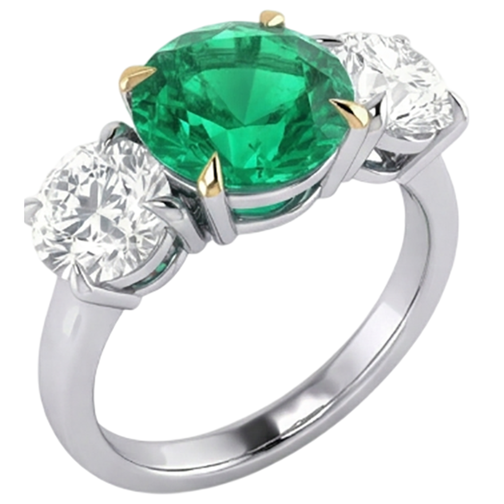 Natural Real ( Not Lab Grown ) Genuine Green Emerald GIA And Diamond Ring 3 Stone Anniversary Jewelry