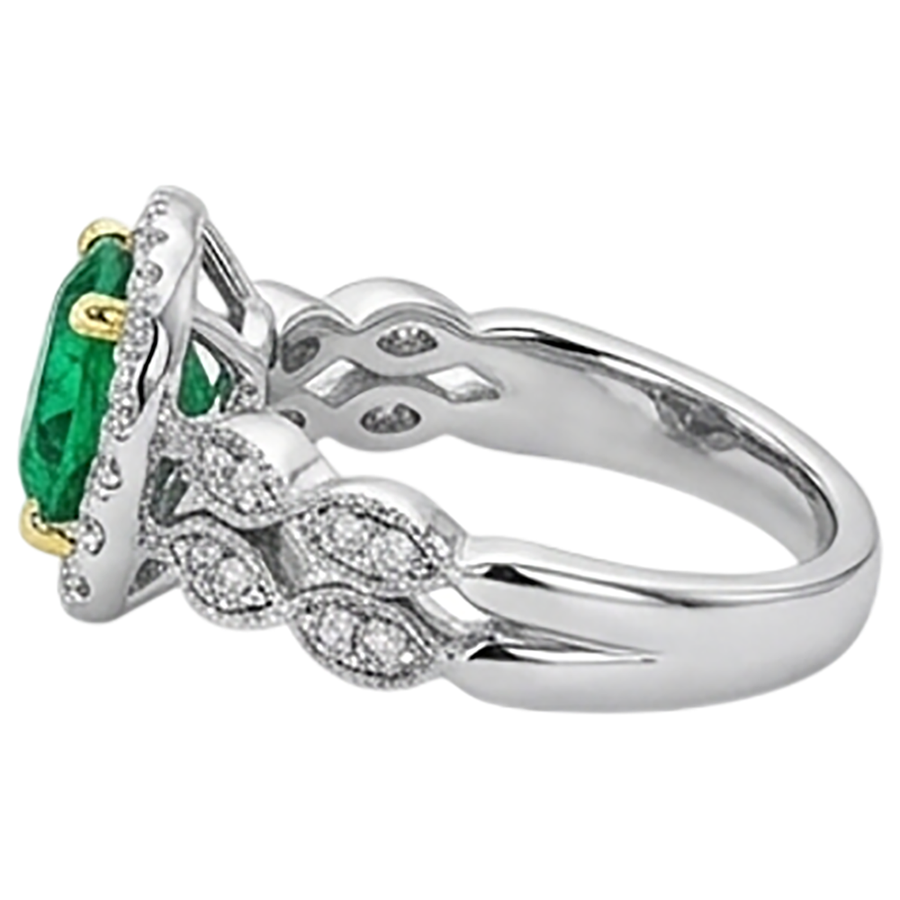 Natural Real ( Not Lab Grown ) Genuine Green Emerald GIA Diamond Ring Set Halo Milgrain Style