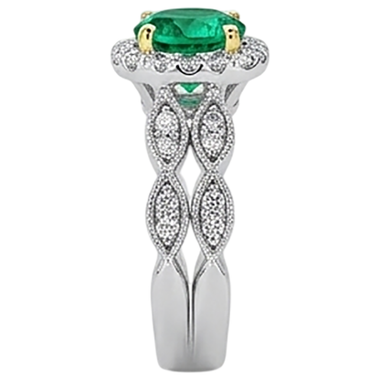 Natural Real ( Not Lab Grown ) Genuine Green Emerald GIA Diamond Ring Set Halo Milgrain Style
