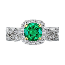 Natural Real ( Not Lab Grown ) Genuine Green Emerald GIA Diamond Ring Set Halo Milgrain Style