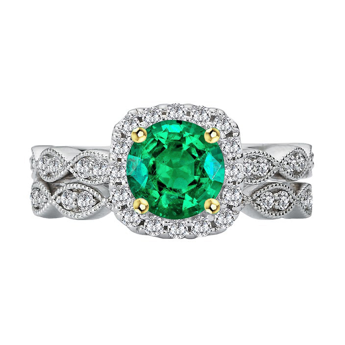 Genuine Green Emerald Diamond Ring Set Halo Milgrain Style