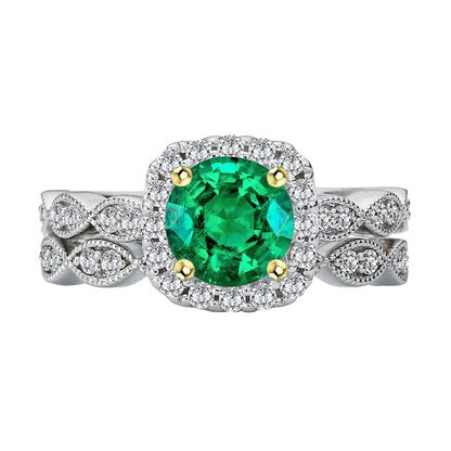 Genuine Green Emerald Diamond Ring Set Halo Milgrain Style
