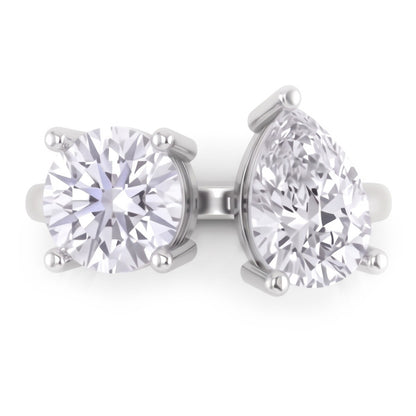 Genuine Toi Et Moi Pear & Round Natural Earth Mined Diamond Two Stone Ring 2 Carats