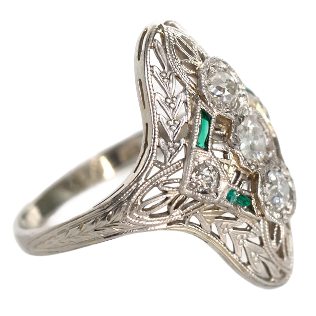 Genuine Emerald & Round Old Miner Natural Earth Mined Diamond Ring Filigree 2.50 Carats