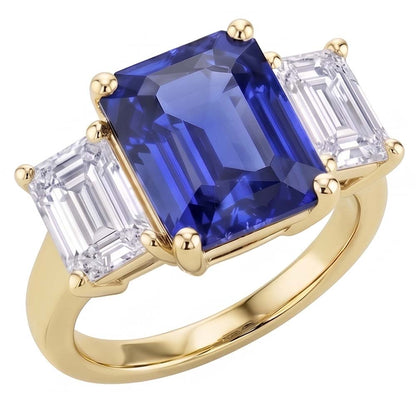 Gold 3 Stone Blue Sapphire Emerald Natural Earth Mined Diamond Ring 3.50 Carats