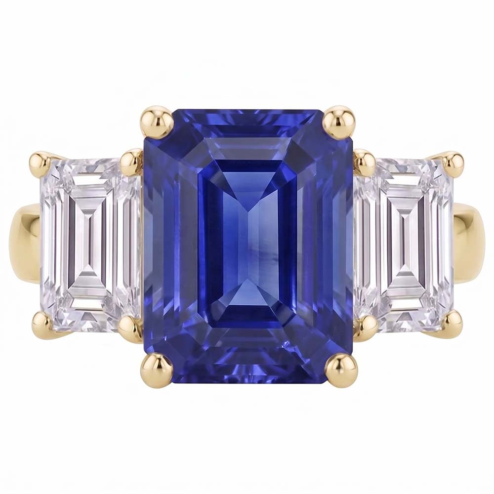 Gold 3 Stone Blue Sapphire Emerald Natural Earth Mined Diamond Ring 3.50 Carats