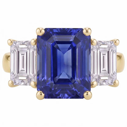 Gold 3 Stone Blue Sapphire Emerald Natural Earth Mined Diamond Ring 3.50 Carats