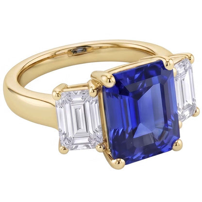 Gold 3 Stone Blue Sapphire Emerald Natural Earth Mined Diamond Ring 3.50 Carats