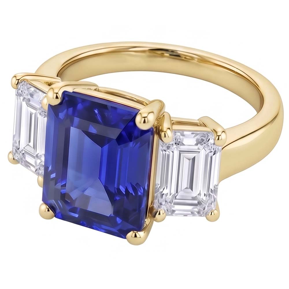 Gold 3 Stone Blue Sapphire Emerald Natural Earth Mined Diamond Ring 3.50 Carats