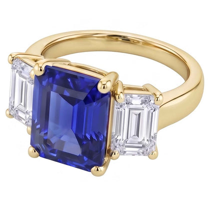 Gold 3 Stone Blue Sapphire Emerald Natural Earth Mined Diamond Ring 3.50 Carats