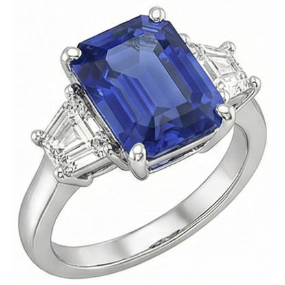 Gold 3 Stone Emerald Ring Blue Sapphire & Trapezoid Natural Earth Mined Diamonds 4 Carats