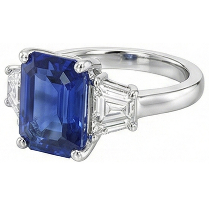 Gold 3 Stone Emerald Ring Blue Sapphire & Trapezoid Natural Earth Mined Diamonds 4 Carats