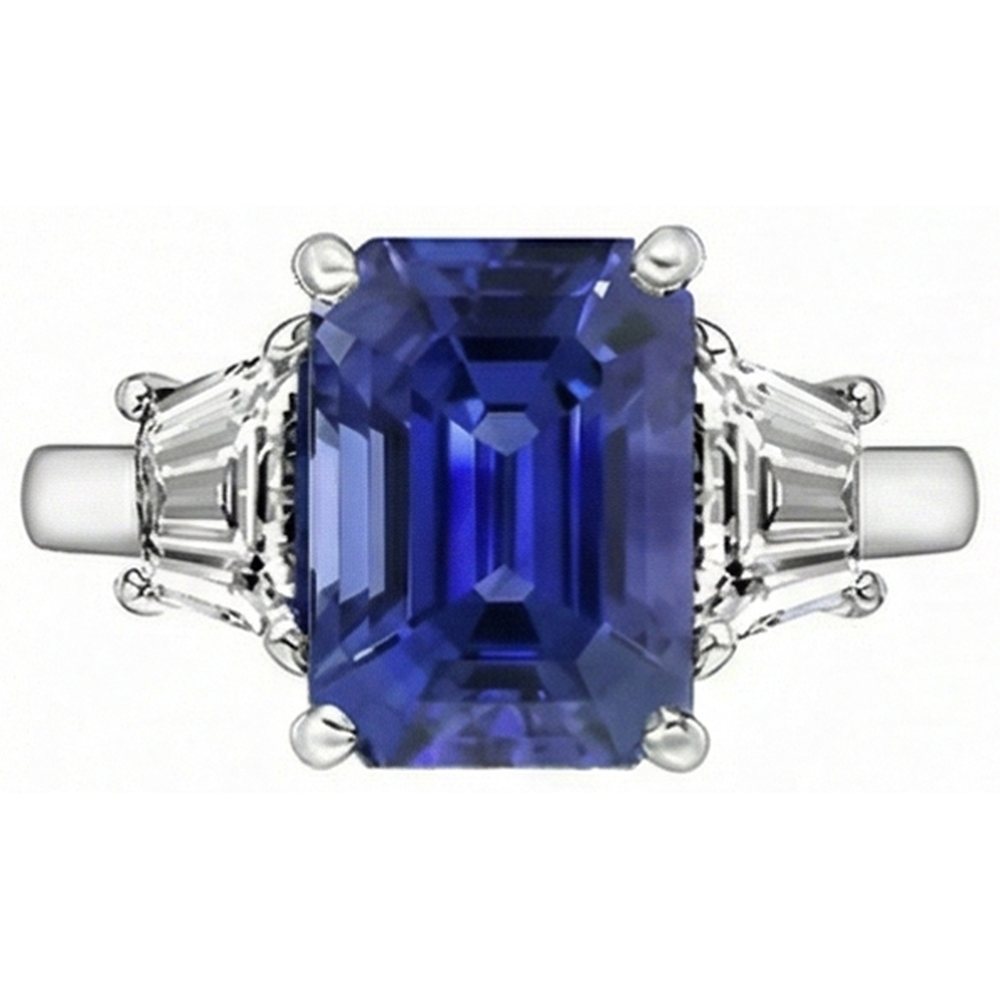 Gold 3 Stone Emerald Ring Blue Sapphire & Trapezoid Natural Earth Mined Diamonds 4 Carats