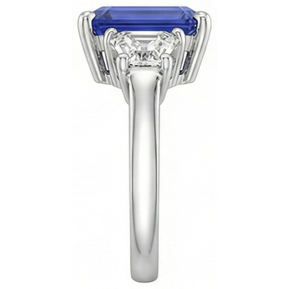 Gold 3 Stone Emerald Ring Blue Sapphire & Trapezoid Natural Earth Mined Diamonds 4 Carats