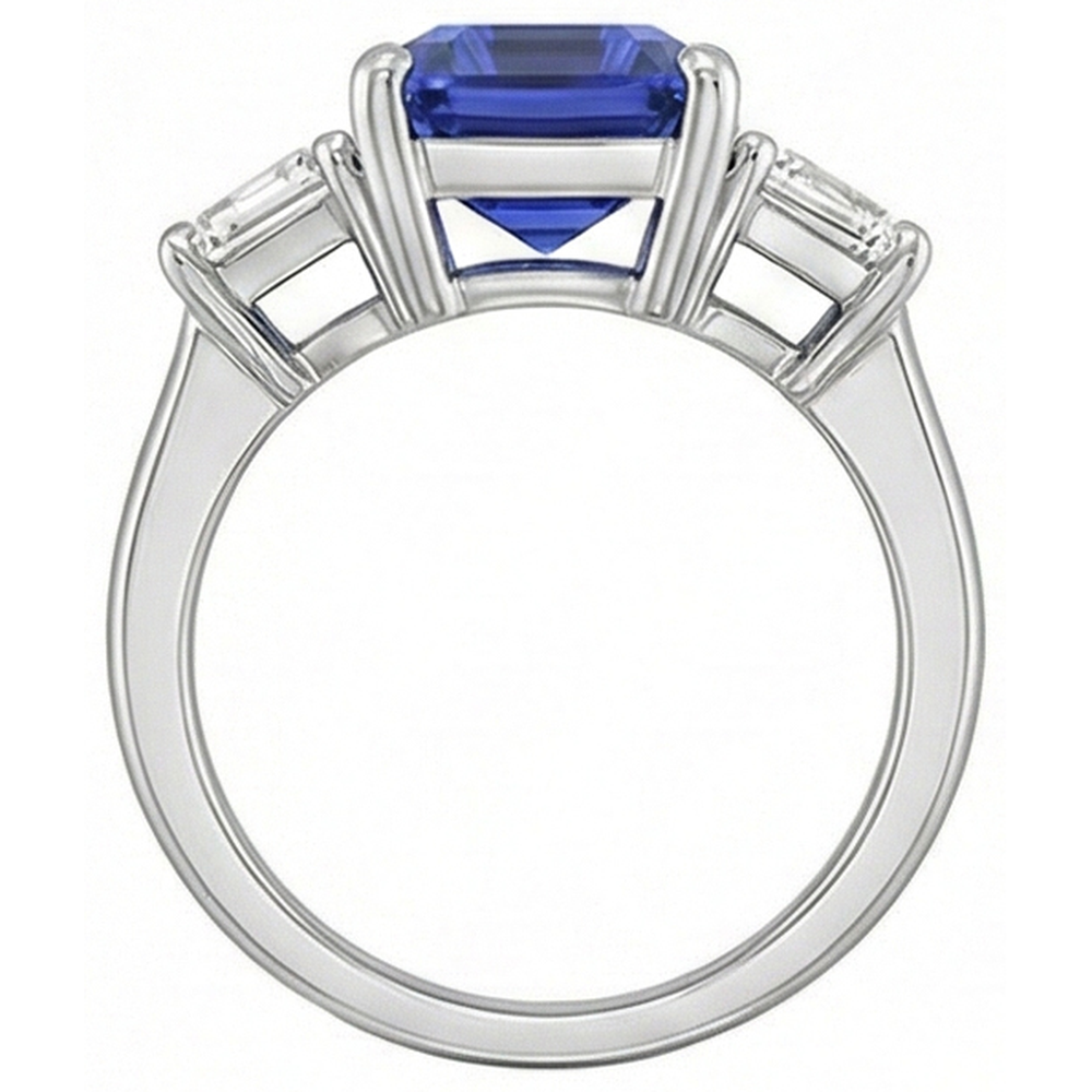 Gold 3 Stone Emerald Ring Blue Sapphire & Trapezoid Natural Earth Mined Diamonds 4 Carats
