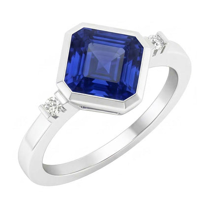 Gold 3 Stone Natural Earth Mined Diamond Asscher Sapphire Ring 2.75 Carats Bezel & Bar Set