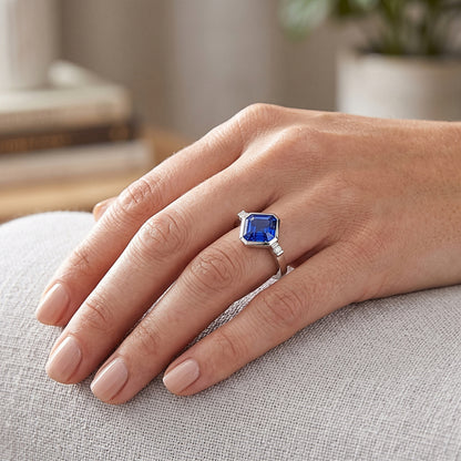 Gold 3 Stone Natural Earth Mined Diamond Asscher Sapphire Ring 2.75 Carats Bezel & Bar Set