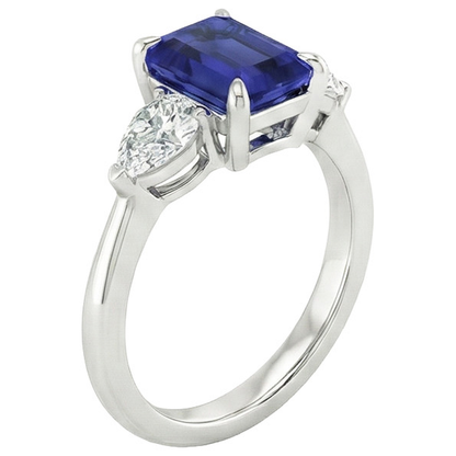 Gold 3 Stone Ring Emerald Cut Blue Sapphire & Pear Natural Earth Mined Diamond 3.50 Carats