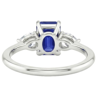 Gold 3 Stone Ring Emerald Cut Blue Sapphire & Pear Natural Earth Mined Diamond 3.50 Carats