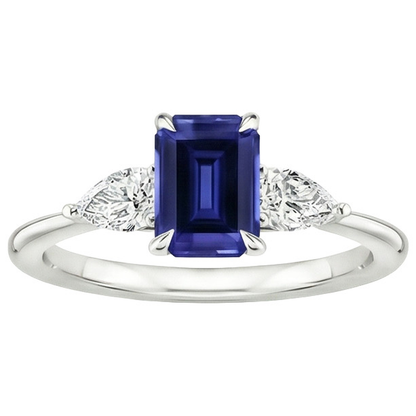 Gold 3 Stone Ring Emerald Cut Blue Sapphire & Pear Natural Earth Mined Diamond 3.50 Carats