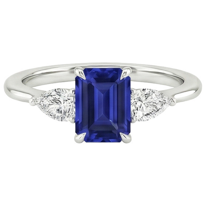Gold 3 Stone Ring Emerald Cut Blue Sapphire & Pear Natural Earth Mined Diamond 3.50 Carats