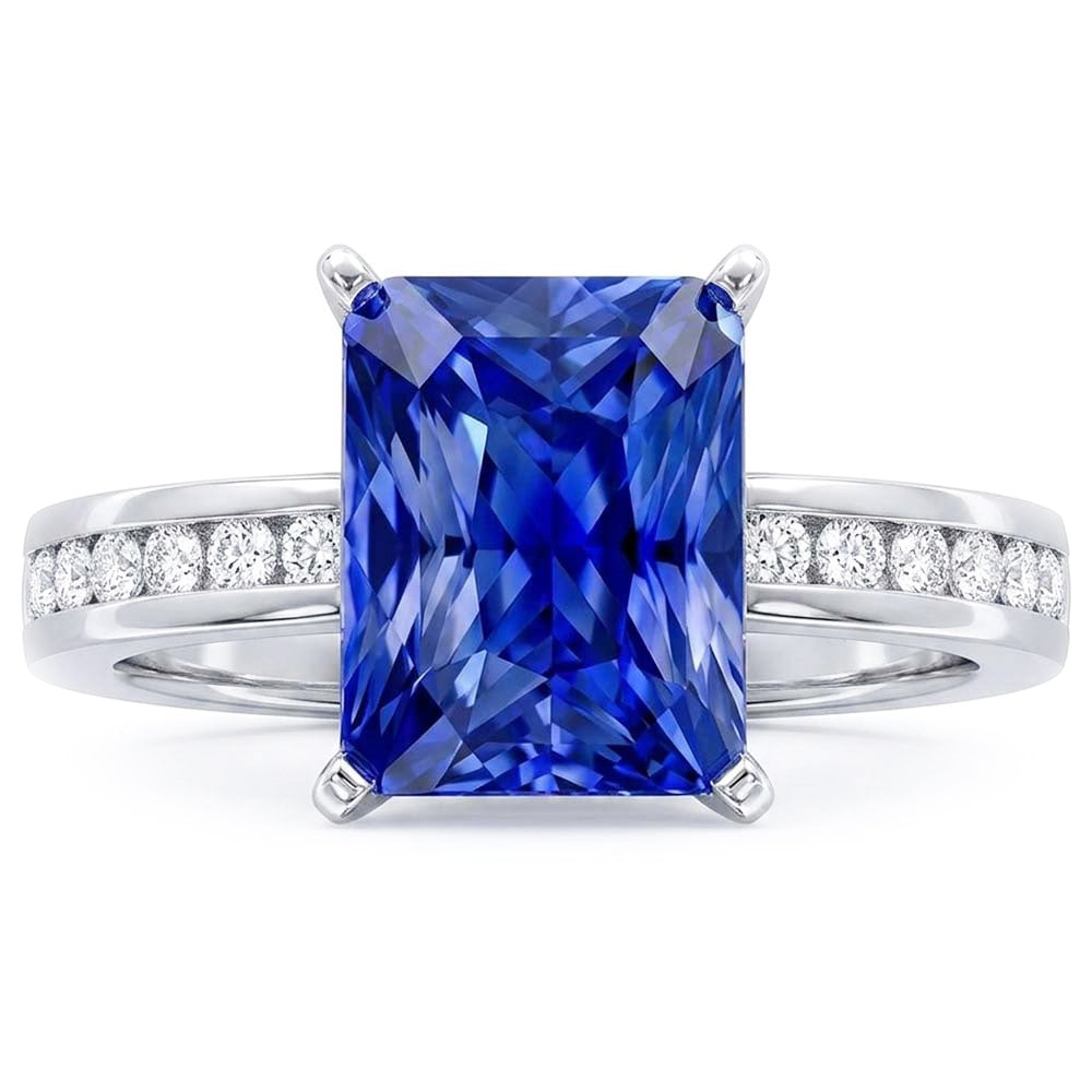 Gold Anniversary Blue Sapphire Ring 4 Carats Channel Set Natural Earth Mined Diamonds