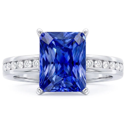Gold Anniversary Blue Sapphire Ring 4 Carats Channel Set Natural Earth Mined Diamonds