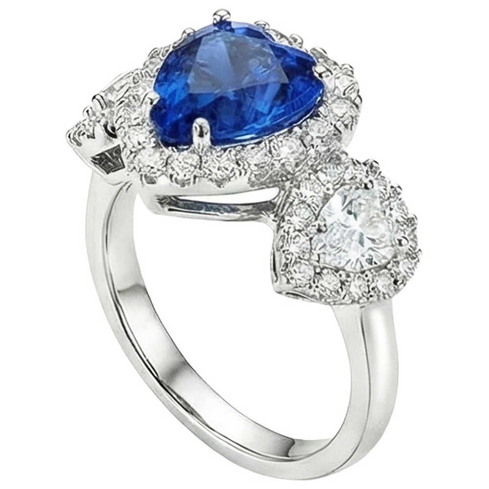 Gold Anniversary Ring 7 Carats Heart Cut Blue Sapphire & Halo Natural Earth Mined Diamonds
