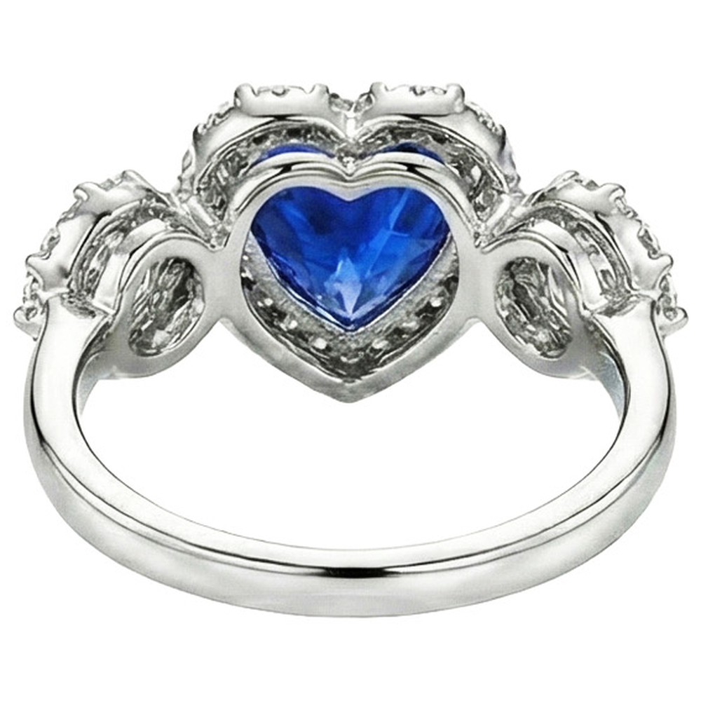 Gold Anniversary Ring 7 Carats Heart Cut Blue Sapphire & Halo Natural Earth Mined Diamonds