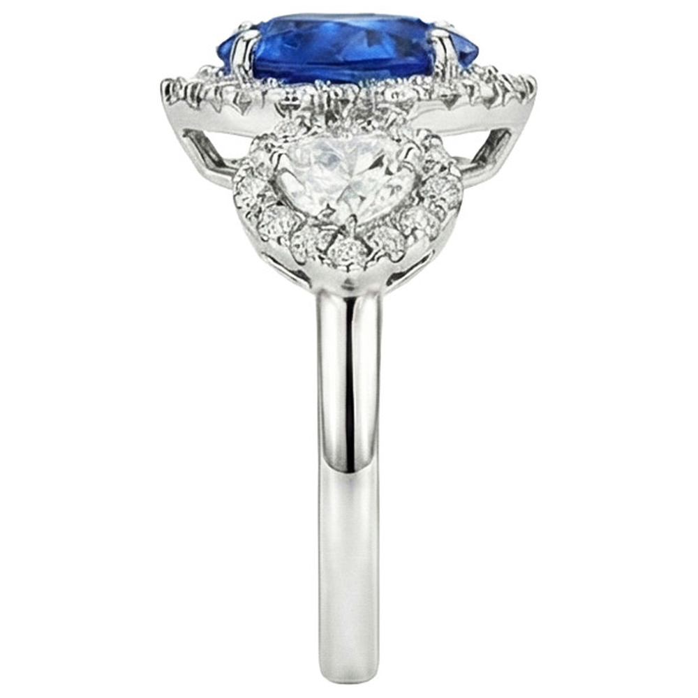 Gold Anniversary Ring 7 Carats Heart Cut Blue Sapphire & Halo Natural Earth Mined Diamonds