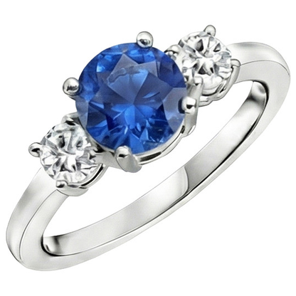 Gold Anniversary Ring Round Natural Earth Mined Diamond & Ceylon Blue Sapphire 1.75 Carats