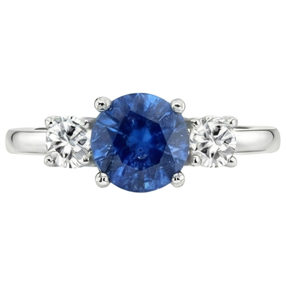 Gold Anniversary Ring Round Natural Earth Mined Diamond & Ceylon Blue Sapphire 1.75 Carats