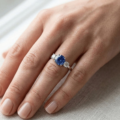 Gold Anniversary Ring Round Natural Earth Mined Diamond & Ceylon Blue Sapphire 1.75 Carats