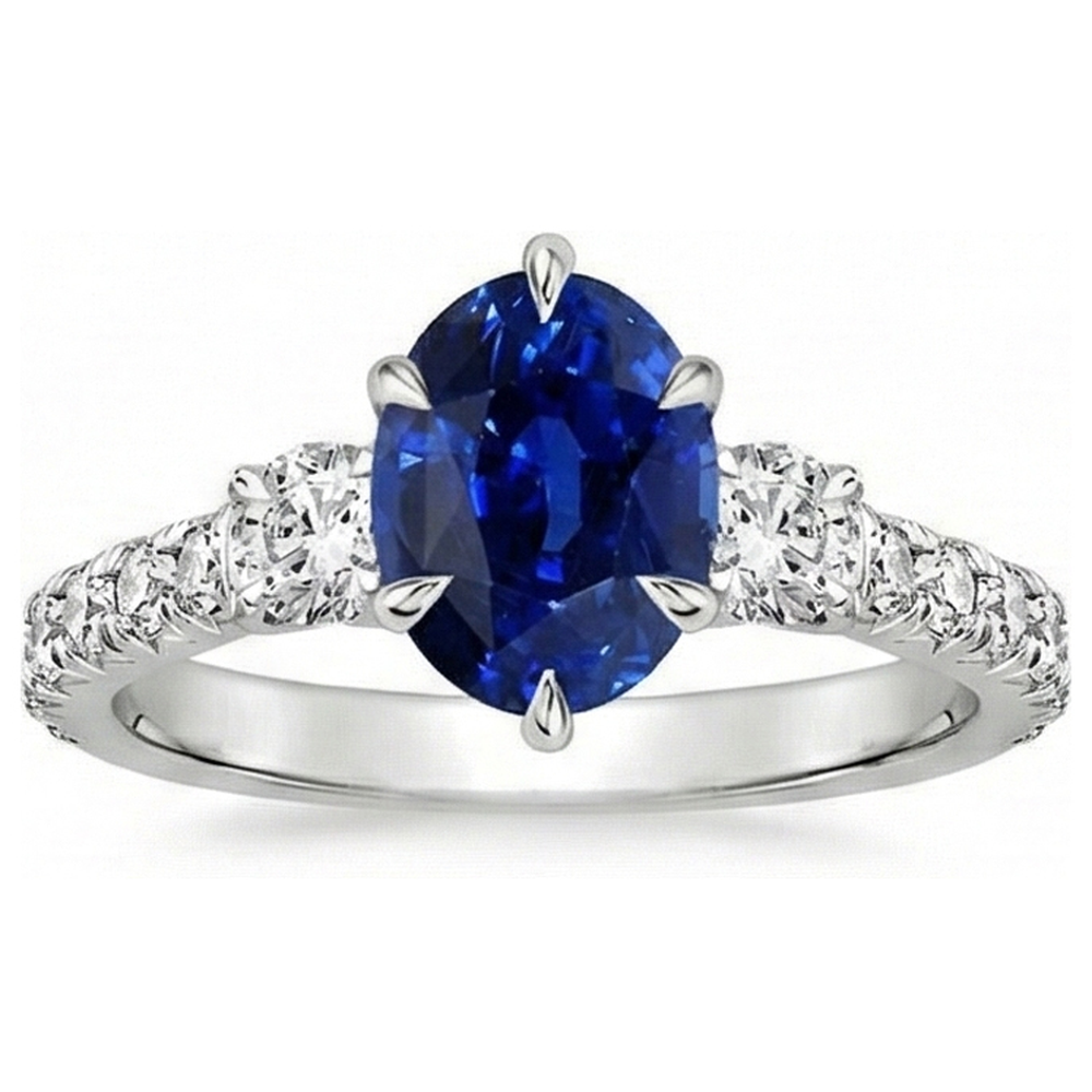 Natural Real ( Not Lab Grown )  Gold Anniversary Solitaire Blue Sapphire With Accents Ring 4.50 Carats