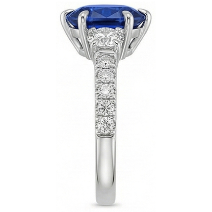 Natural Real ( Not Lab Grown )  Gold Anniversary Solitaire Blue Sapphire With Accents Ring 4.50 Carats