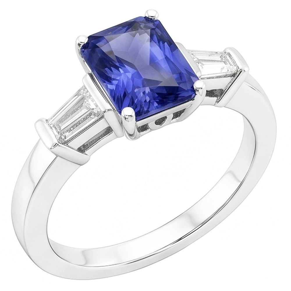 Gold Baguette Natural Earth Mined Diamond Ring 3 Stone Ceylon Sapphire Jewelry 2.50 Carats