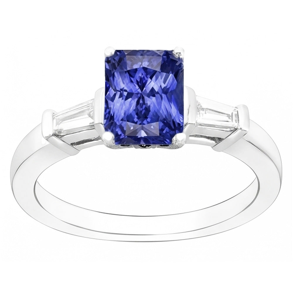 Gold Baguette Natural Earth Mined Diamond Ring 3 Stone Ceylon Sapphire Jewelry 2.50 Carats