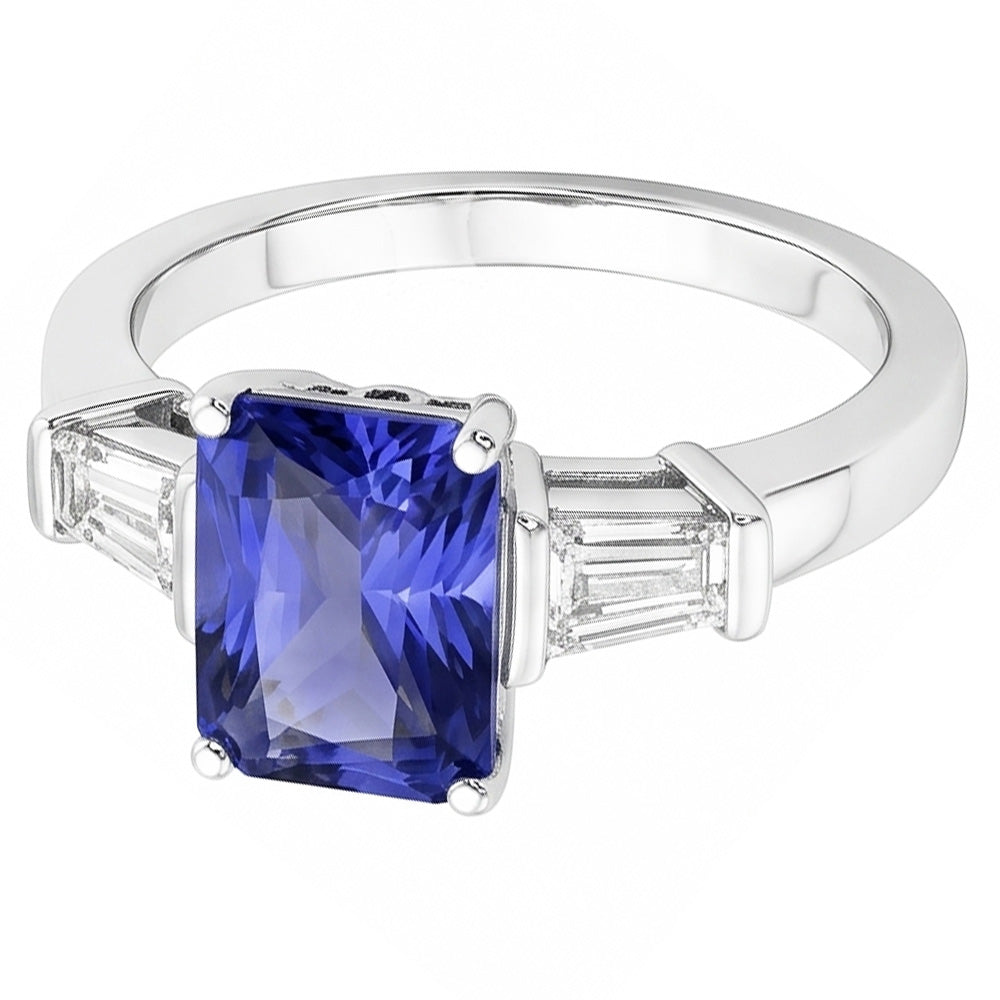 Gold Baguette Natural Earth Mined Diamond Ring 3 Stone Ceylon Sapphire Jewelry 2.50 Carats